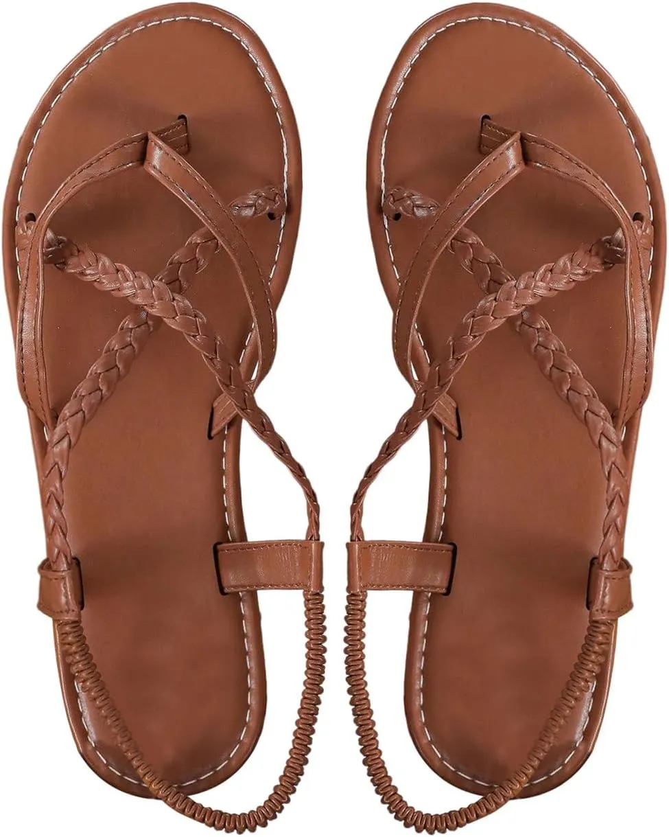 GORGLITTER Women's Strappy Flat Sandals Braided Strap Dressy Summer Sandals