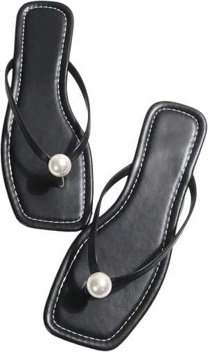 GORGLITTER Women's Summer Beach Flat Flip Flops Sandals Pearls Decor Thong Sandals Flat Shoes