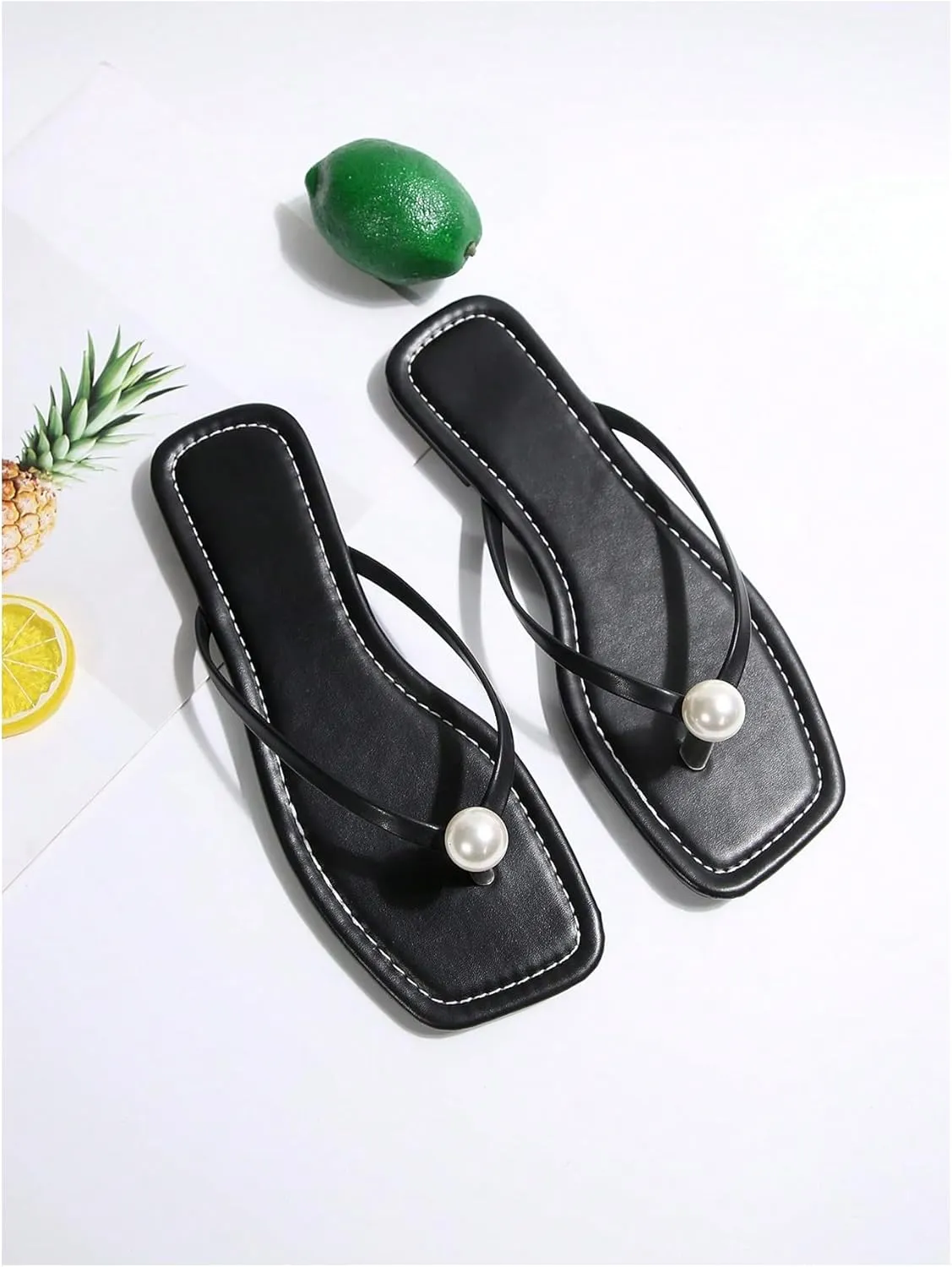 GORGLITTER Women's Summer Beach Flat Flip Flops Sandals Pearls Decor Thong Sandals Flat Shoes