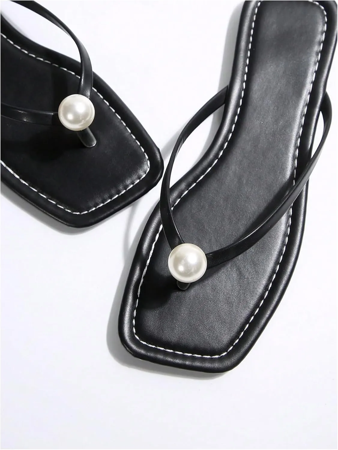 GORGLITTER Women's Summer Beach Flat Flip Flops Sandals Pearls Decor Thong Sandals Flat Shoes