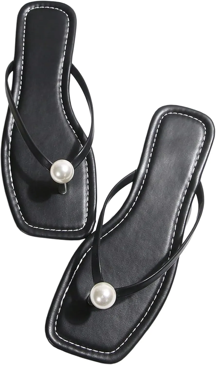 GORGLITTER Women's Summer Beach Flat Flip Flops Sandals Pearls Decor Thong Sandals Flat Shoes