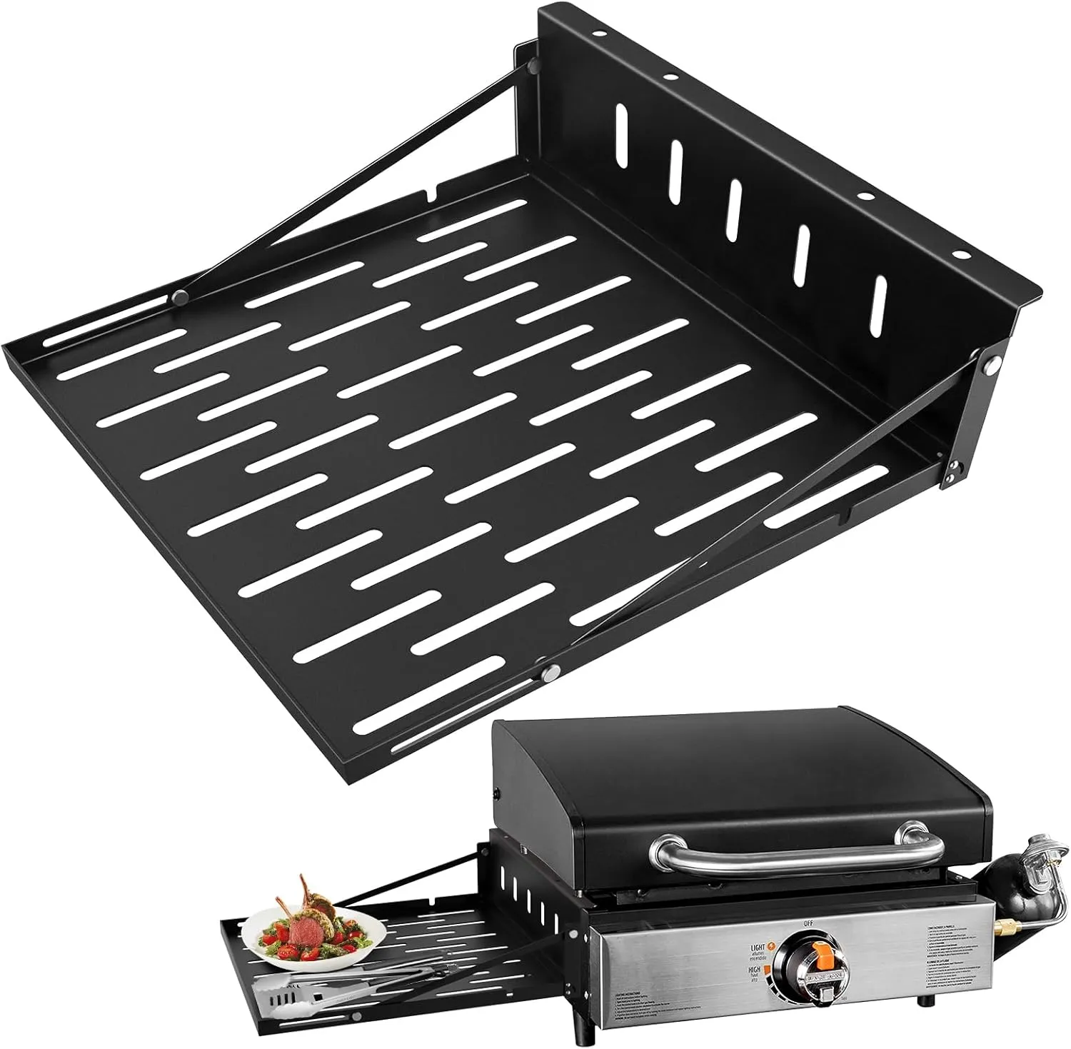 Griddle Caddy for Blackstone 17"/22"/28" Griddle, Foldable Design Storage BBQ Accessories, blackstone side table, Side Rack Storage Tray,Free Drilling Hole & Easy to Install, Black (black)
