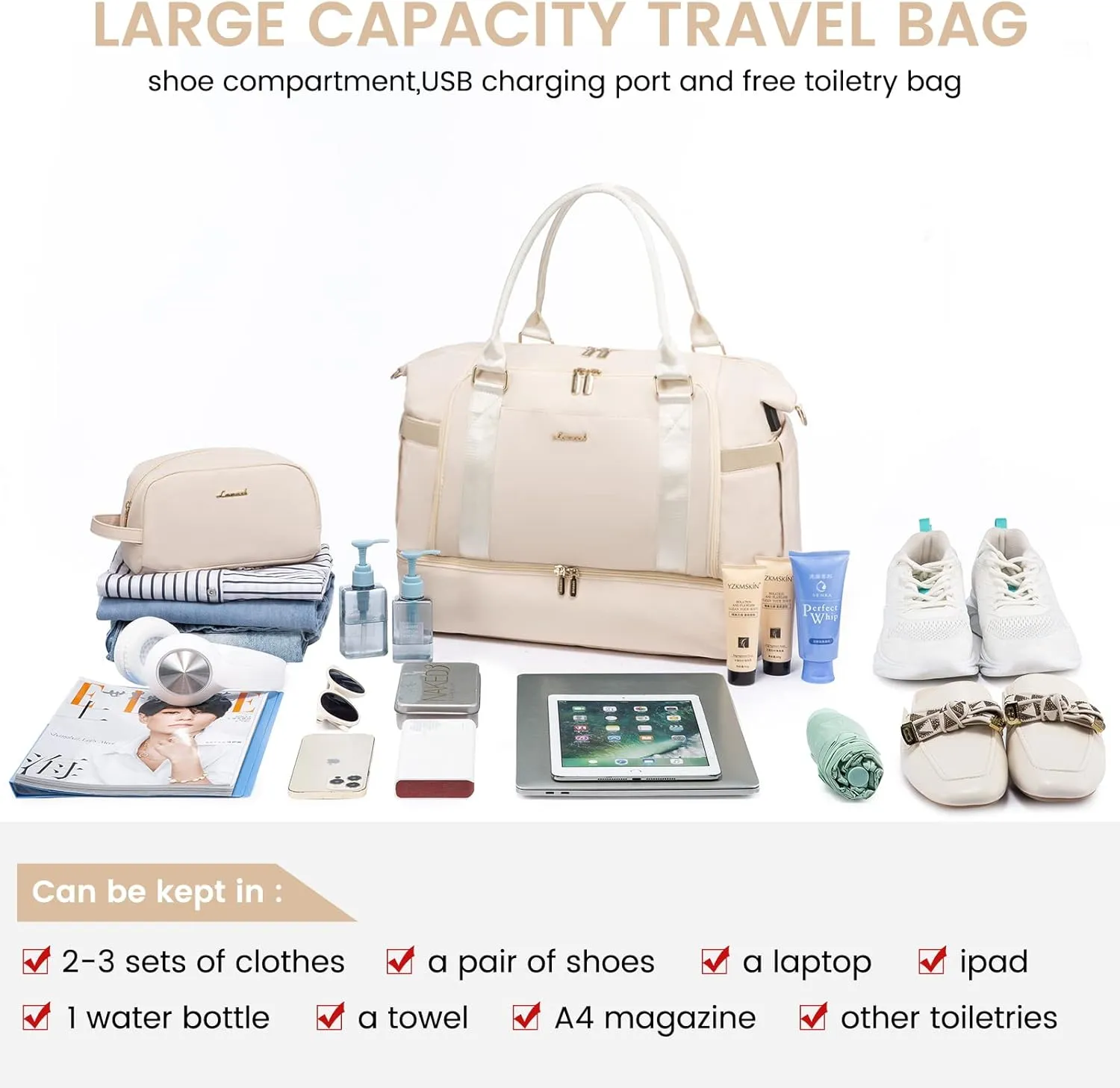 Gym Bag LOVEVOOK Travel Duffel Bag with USB Charging Port,Weekender Bags for Women with Shoe Compartment,Carry on Overnight Bag with Toiletry Bag,Hospital Bags for Labor and Deliver