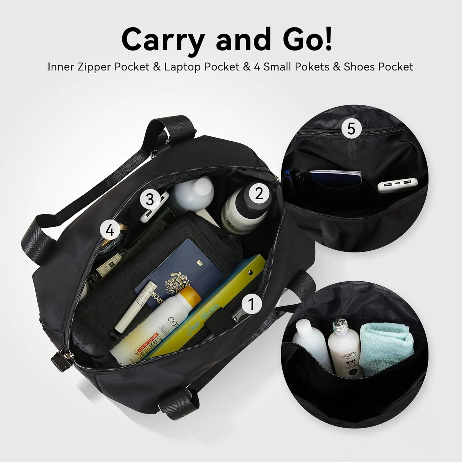 Gym Bag with Yoga Mat Holders, Carry On for Pilates Women & Men with Laptop & Shoe Compartment Large Duffle Travel Weekender Tote with Key Ring Clip Personal Item Workout, Easy to Clean - Black