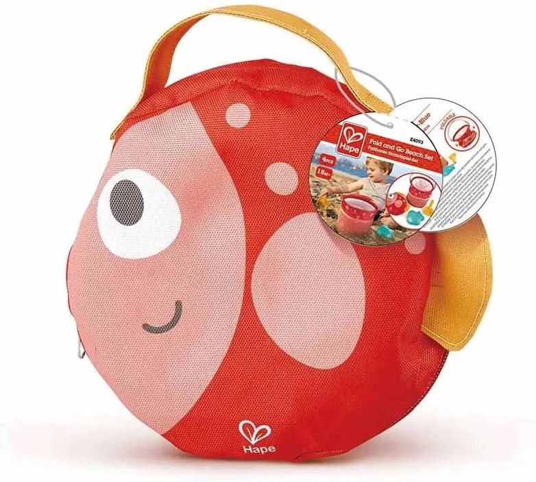 Hape Fold and Go Beach Toy Sets with Easy Carry Cavas Bag| Beach Toy Playset with Bucket for Toddlers 18M 