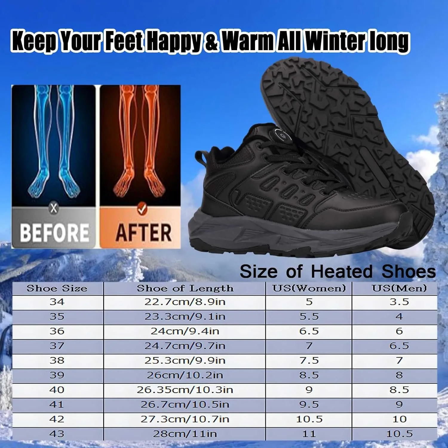 Heated Sneakers Thermal Running Shoes for Women Men, 3 Temperature Settings Walking Shoes Foot Warmer Shoes Non Slip Plush Breathable Winter Life Work Keep Feet Warm