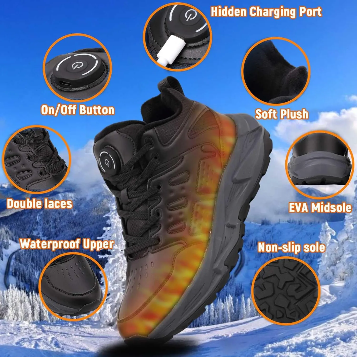 Heated Sneakers Thermal Running Shoes for Women Men, 3 Temperature Settings Walking Shoes Foot Warmer Shoes Non Slip Plush Breathable Winter Life Work Keep Feet Warm