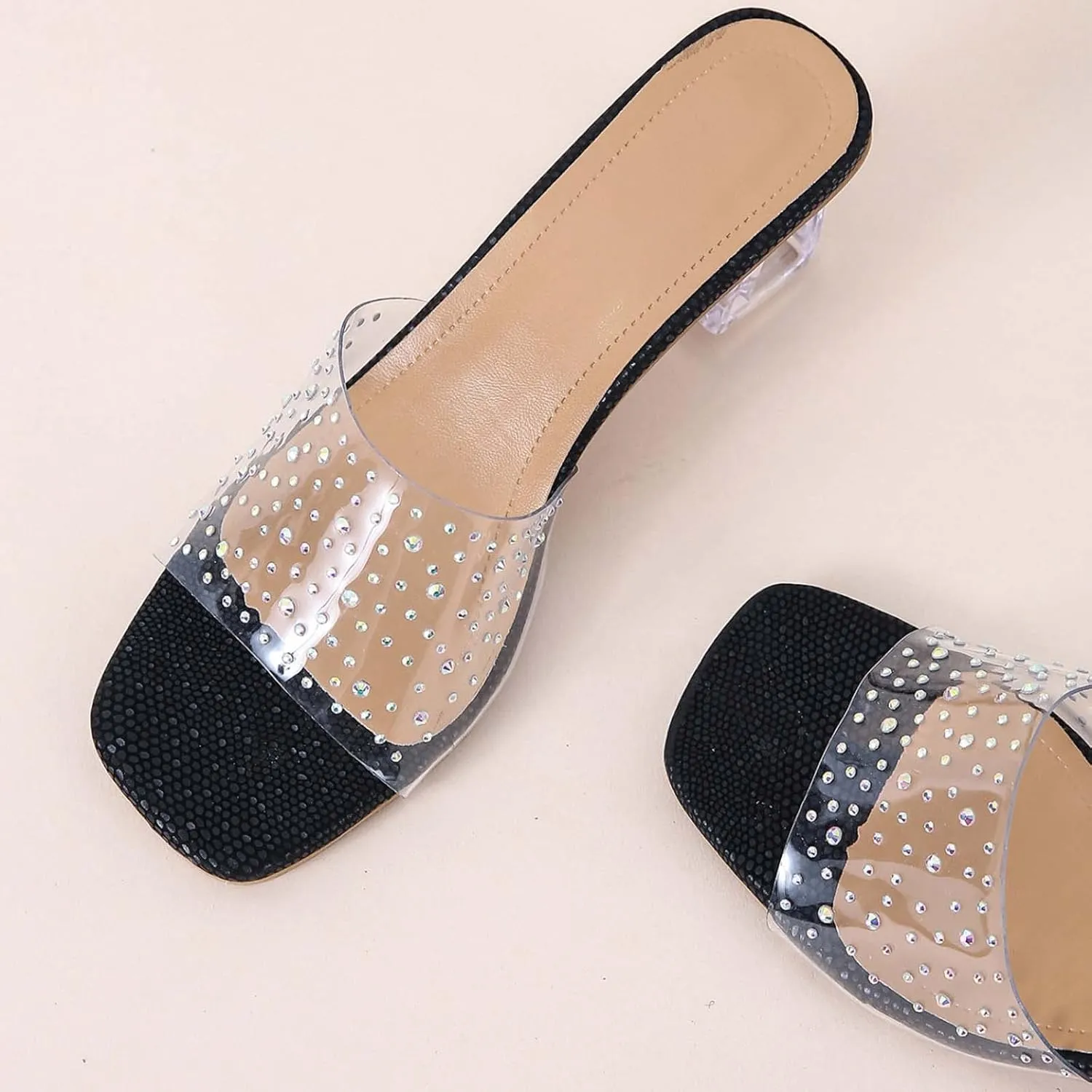 Heeled Sandals for Women 2023 Summer Fashion Rhinestone Transparent Straps Open Toe Slip on Chunky High Heels Slippers Dressy Comfy Ladies Shoes