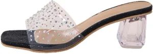 Heeled Sandals for Women 2023 Summer Fashion Rhinestone Transparent Straps Open Toe Slip on Chunky High Heels Slippers Dressy Comfy Ladies Shoes
