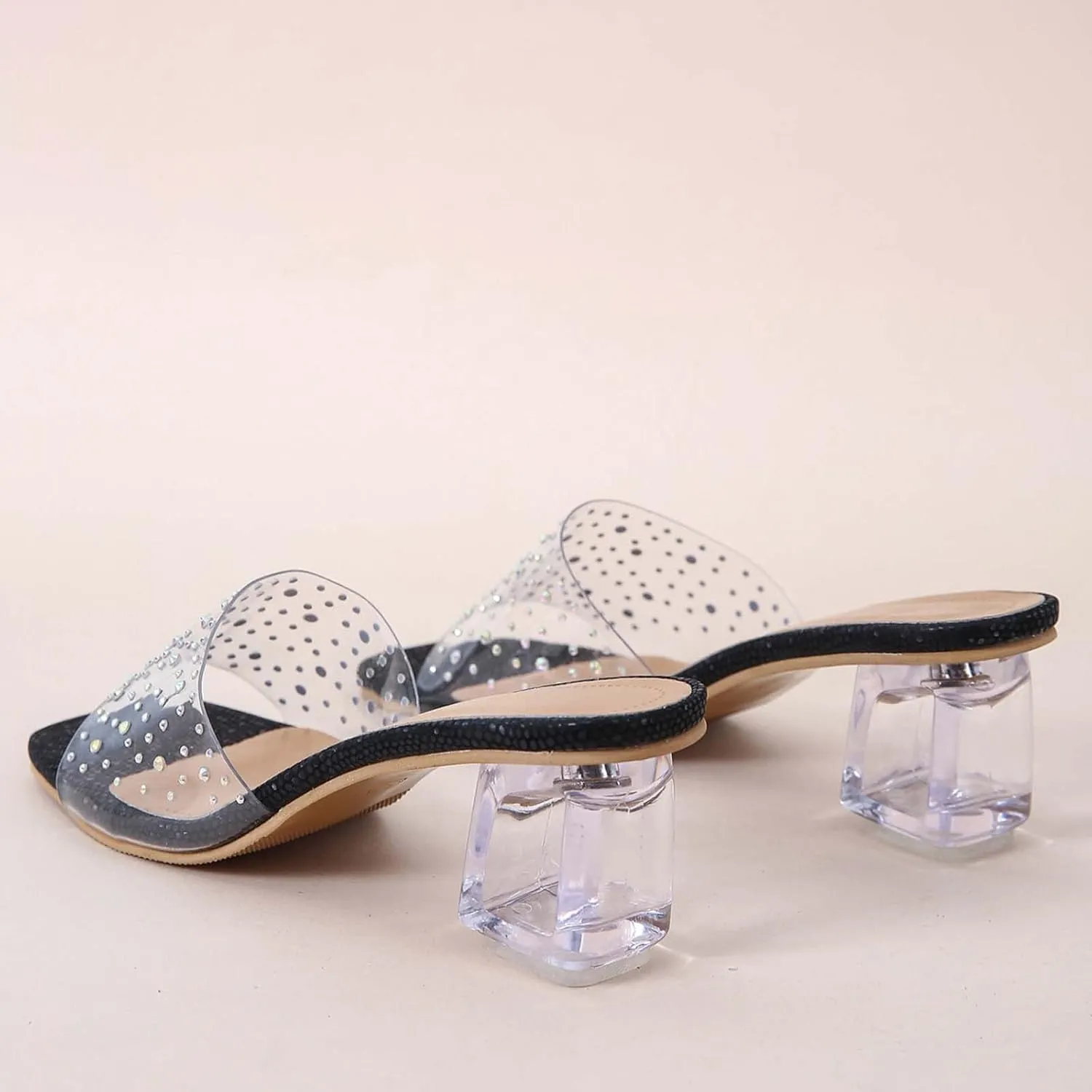 Heeled Sandals for Women 2023 Summer Fashion Rhinestone Transparent Straps Open Toe Slip on Chunky High Heels Slippers Dressy Comfy Ladies Shoes