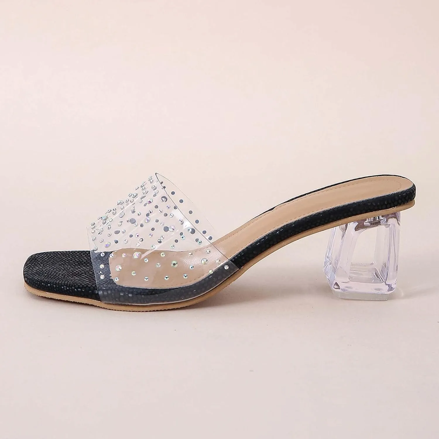 Heeled Sandals for Women 2023 Summer Fashion Rhinestone Transparent Straps Open Toe Slip on Chunky High Heels Slippers Dressy Comfy Ladies Shoes