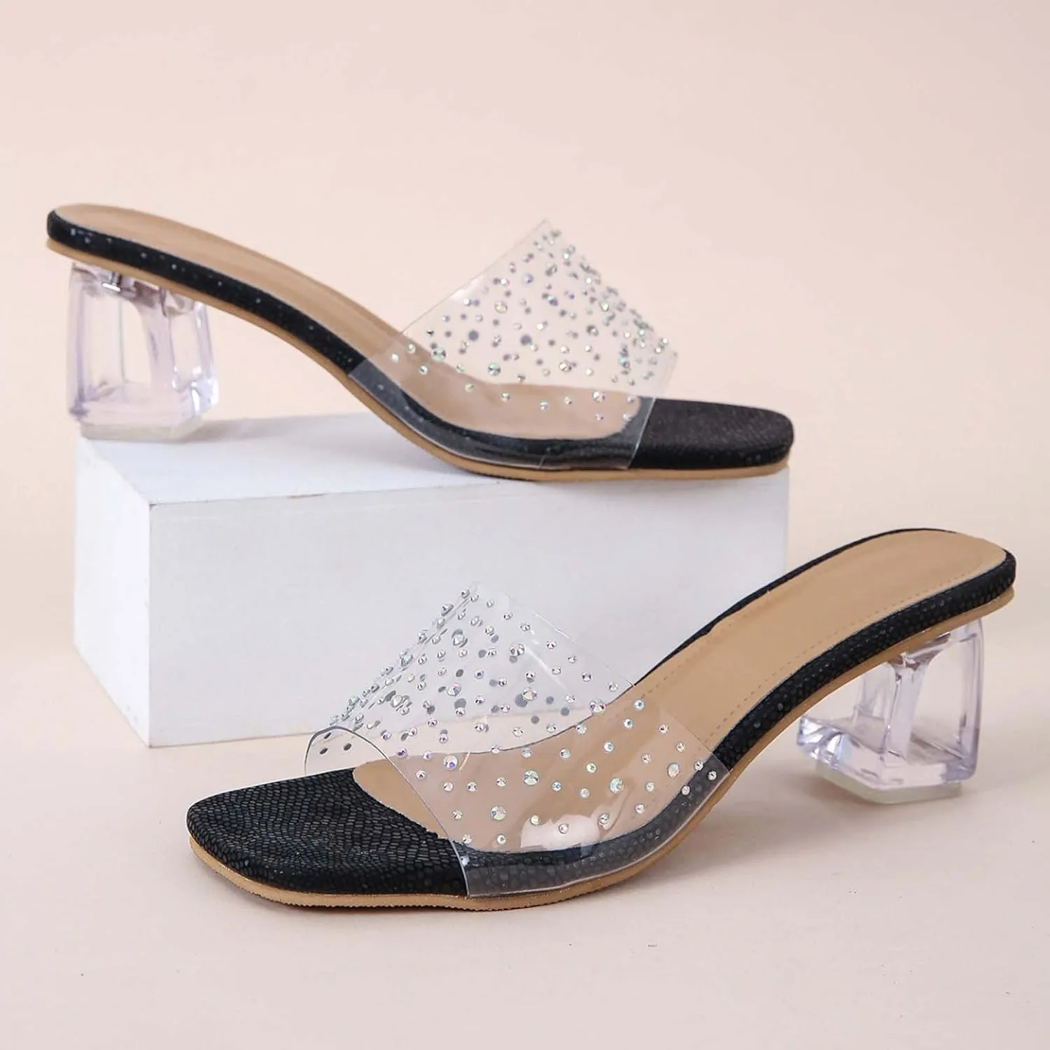 Heeled Sandals for Women 2023 Summer Fashion Rhinestone Transparent Straps Open Toe Slip on Chunky High Heels Slippers Dressy Comfy Ladies Shoes