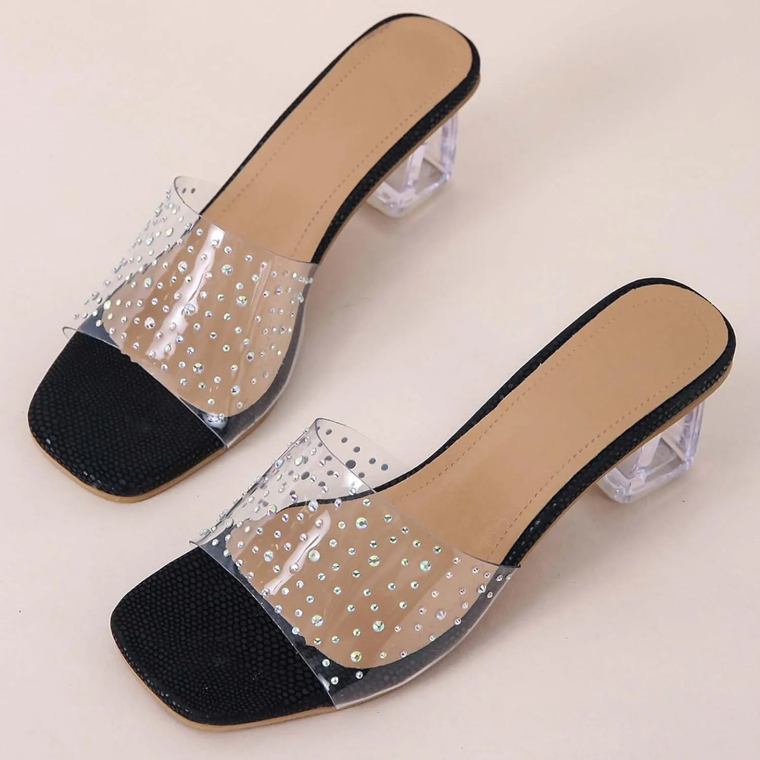 Heeled Sandals for Women 2023 Summer Fashion Rhinestone Transparent Straps Open Toe Slip on Chunky High Heels Slippers Dressy Comfy Ladies Shoes