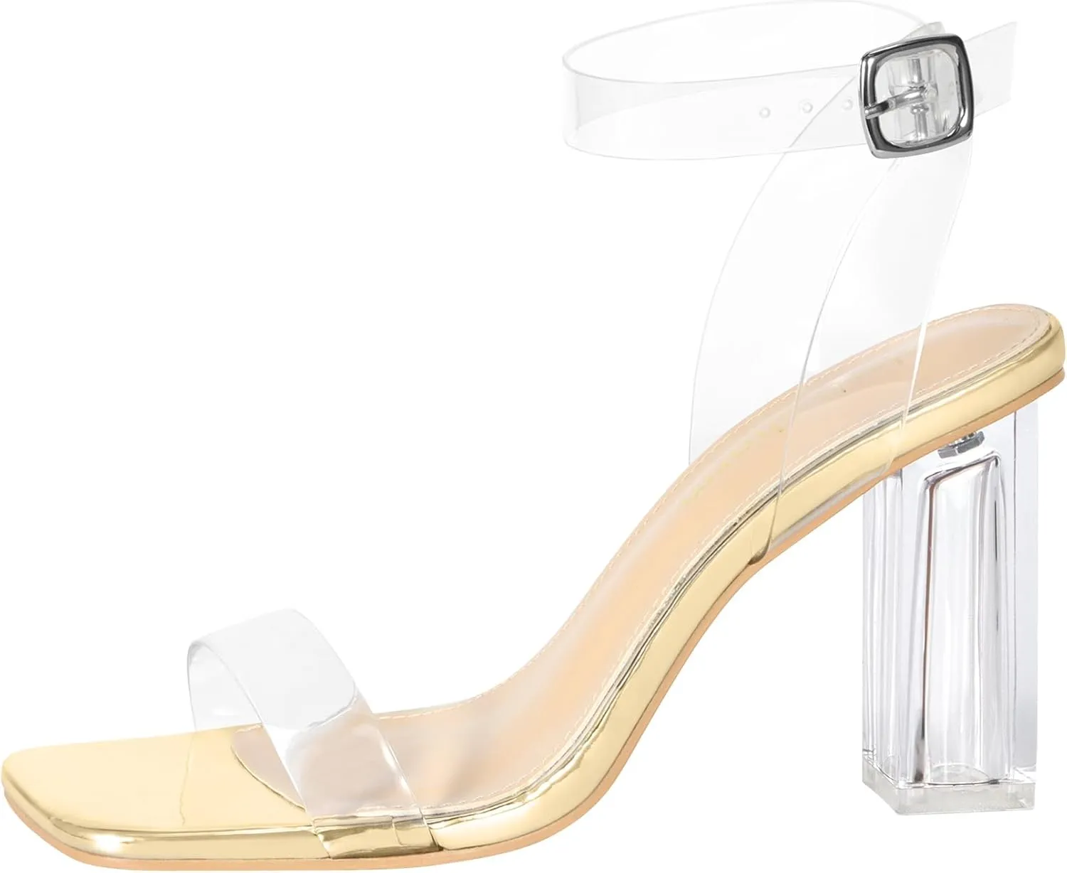 Heels Charm Women's Clear Chunky Block Heeled Sandals 3.74 Inches Open Toe Ankle Strap Block High Heel Sandal Dress Dancing Sandals Daily Work Party Shoes