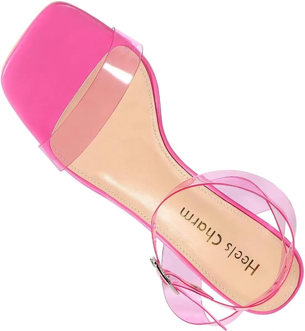 Heels Charm Women's Clear Chunky Block Heeled Sandals 3.74 Inches Open Toe Ankle Strap Block High Heel Sandal Dress Dancing Sandals Daily Work Party Shoes