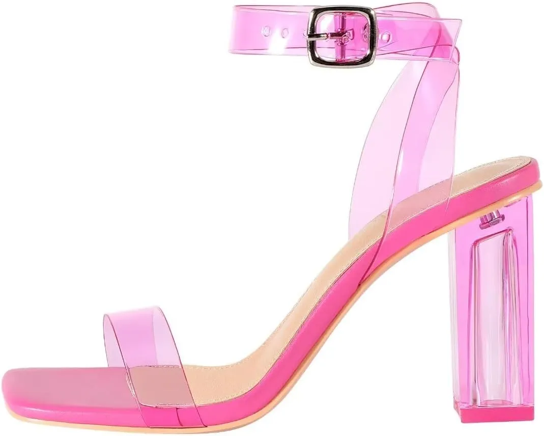 Heels Charm Women's Clear Chunky Block Heeled Sandals 3.74 Inches Open Toe Ankle Strap Block High Heel Sandal Dress Dancing Sandals Daily Work Party Shoes