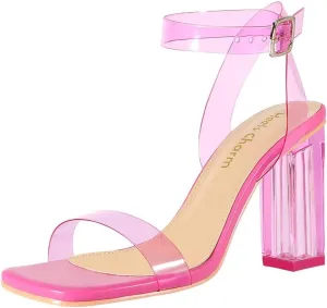 Heels Charm Women's Clear Chunky Block Heeled Sandals 3.74 Inches Open Toe Ankle Strap Block High Heel Sandal Dress Dancing Sandals Daily Work Party Shoes