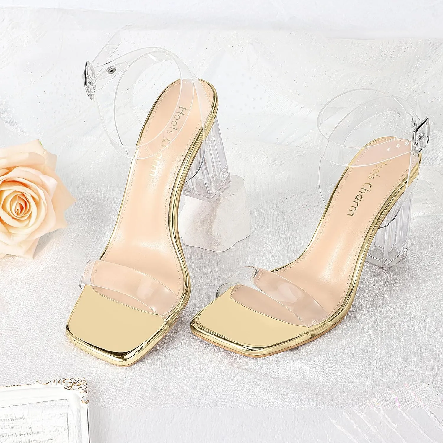 Heels Charm Women's Clear Chunky Block Heeled Sandals 3.74 Inches Open Toe Ankle Strap Block High Heel Sandal Dress Dancing Sandals Daily Work Party Shoes
