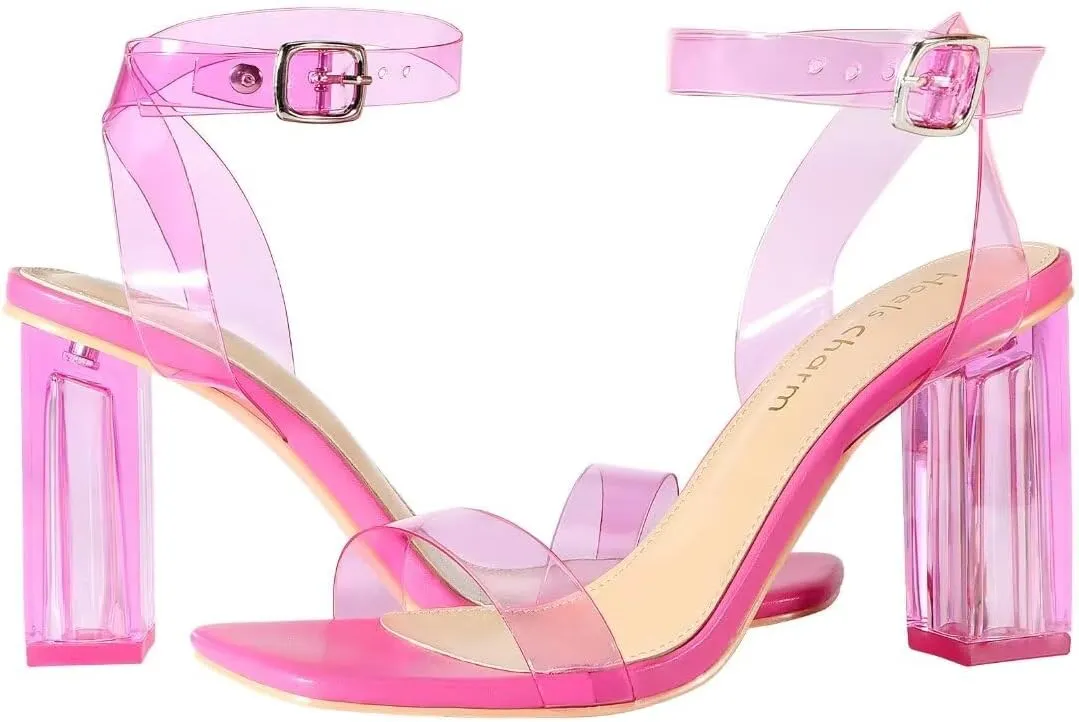 Heels Charm Women's Clear Chunky Block Heeled Sandals 3.74 Inches Open Toe Ankle Strap Block High Heel Sandal Dress Dancing Sandals Daily Work Party Shoes