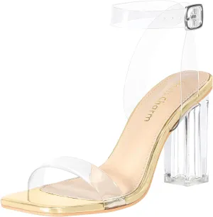 Heels Charm Women's Clear Chunky Block Heeled Sandals 3.74 Inches Open Toe Ankle Strap Block High Heel Sandal Dress Dancing Sandals Daily Work Party Shoes