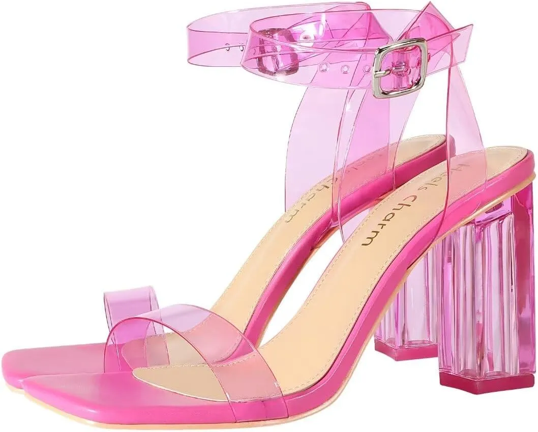 Heels Charm Women's Clear Chunky Block Heeled Sandals 3.74 Inches Open Toe Ankle Strap Block High Heel Sandal Dress Dancing Sandals Daily Work Party Shoes