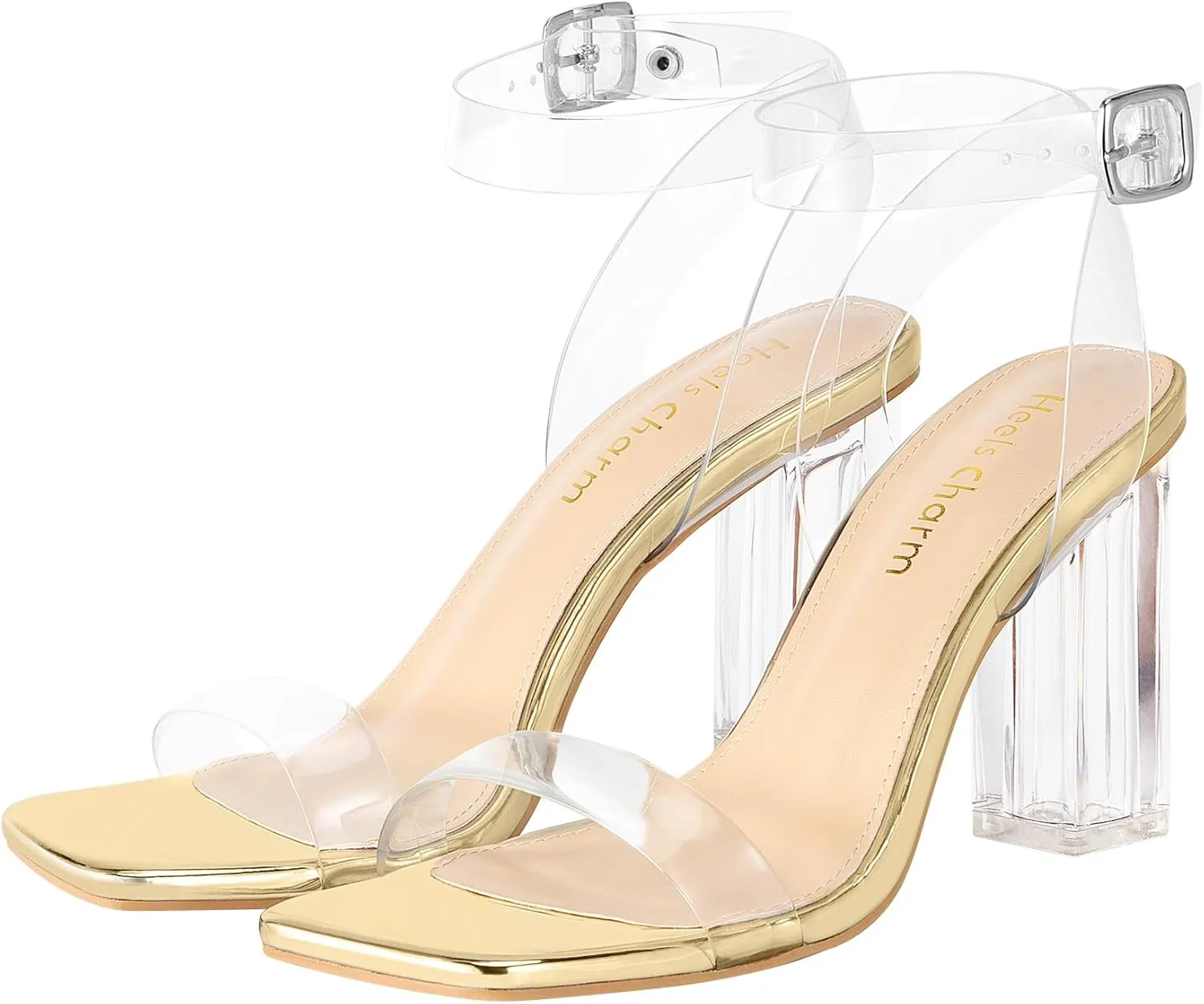 Heels Charm Women's Clear Chunky Block Heeled Sandals 3.74 Inches Open Toe Ankle Strap Block High Heel Sandal Dress Dancing Sandals Daily Work Party Shoes