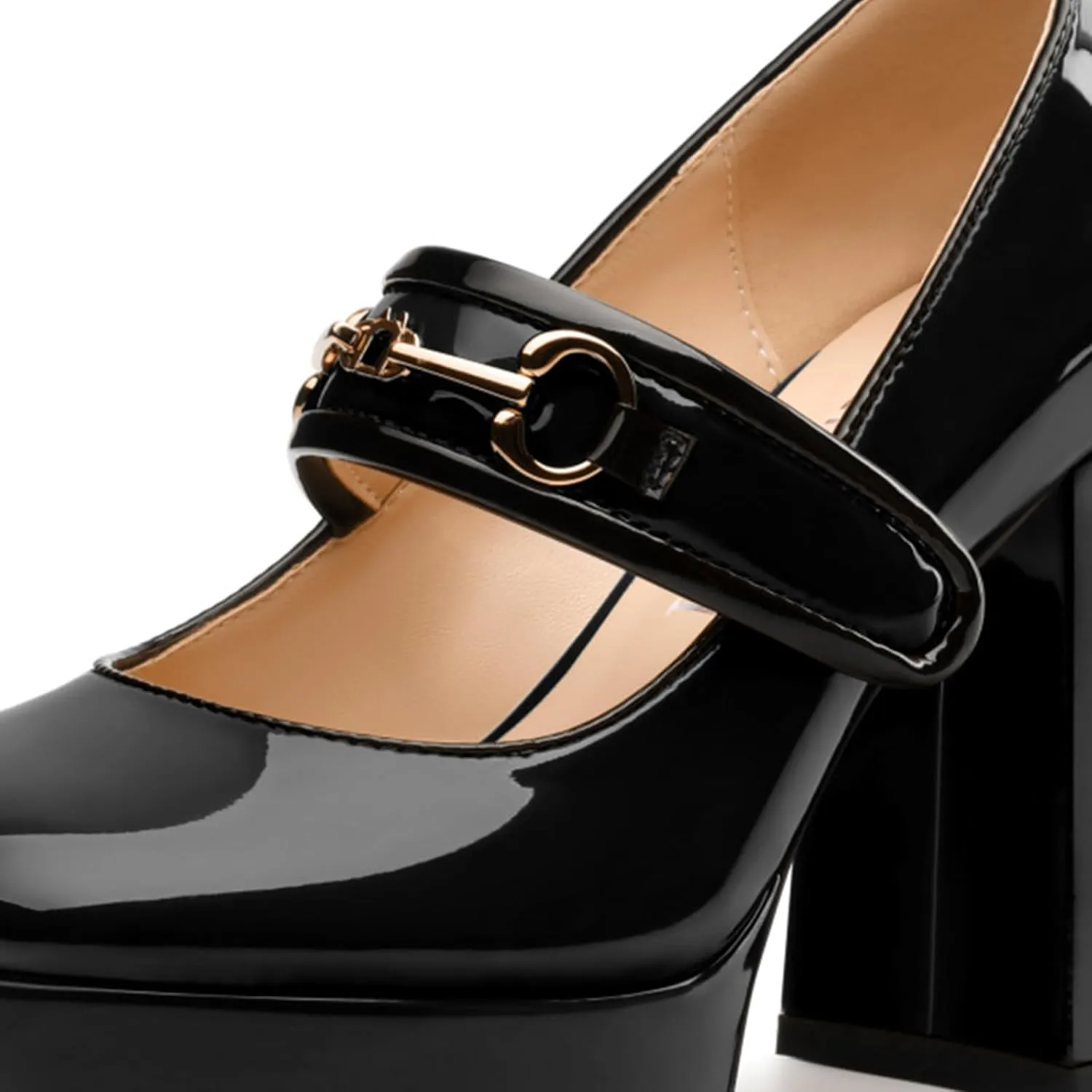 High Heels Pumps Square Toe Women's Shoes Patent Leather Thick Sole Thick Heel Hook-and-Loop Straps Height 10 Cm