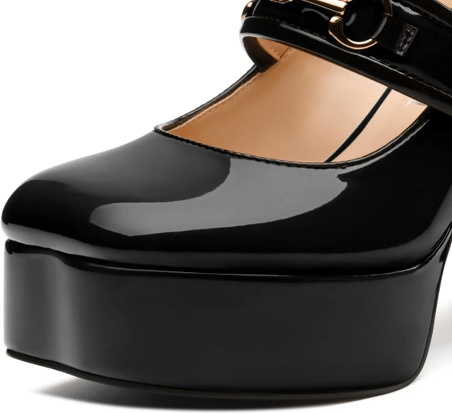High Heels Pumps Square Toe Women's Shoes Patent Leather Thick Sole Thick Heel Hook-and-Loop Straps Height 10 Cm