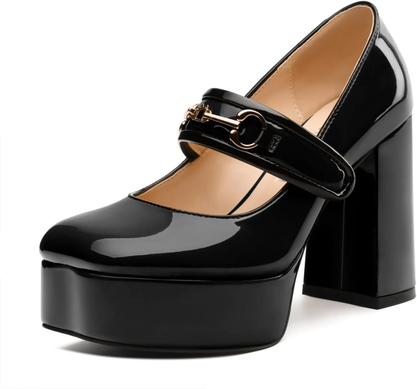 High Heels Pumps Square Toe Women's Shoes Patent Leather Thick Sole Thick Heel Hook-and-Loop Straps Height 10 Cm