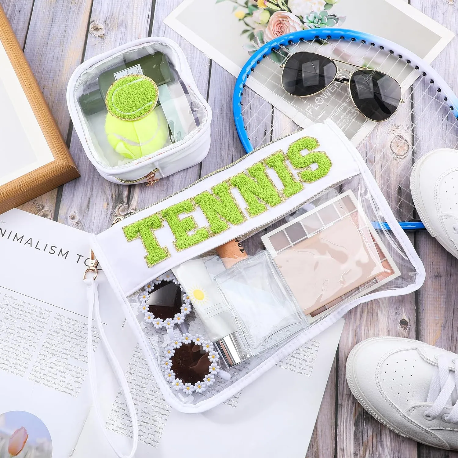 Hillban 2 Pcs Tennis Team Gifts Makeup Cosmetic Bag Clear Zipper Toiletry Pouch for Travel Chenille Letter Flat Purse PVC Waterproof Organizer Storage Case tennis Accessories for Women Sport Coach