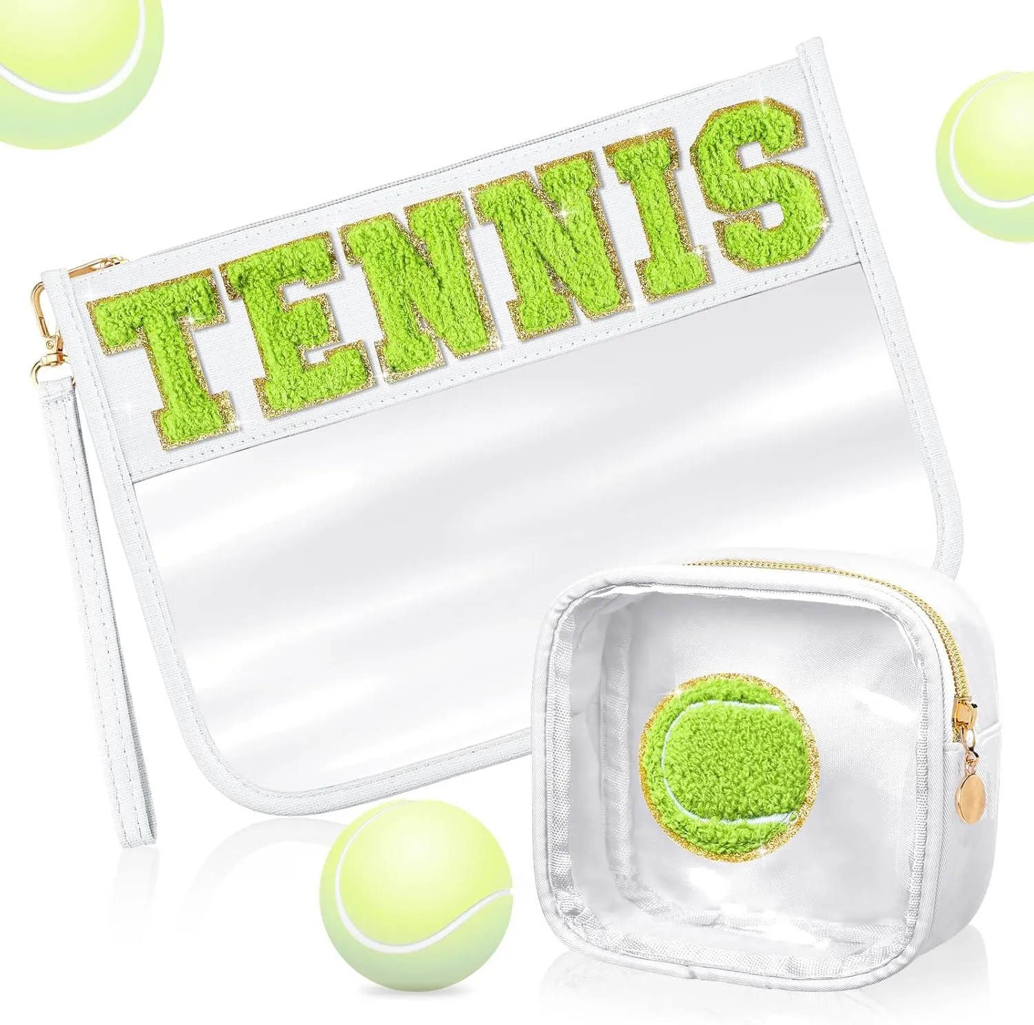 Hillban 2 Pcs Tennis Team Gifts Makeup Cosmetic Bag Clear Zipper Toiletry Pouch for Travel Chenille Letter Flat Purse PVC Waterproof Organizer Storage Case tennis Accessories for Women Sport Coach