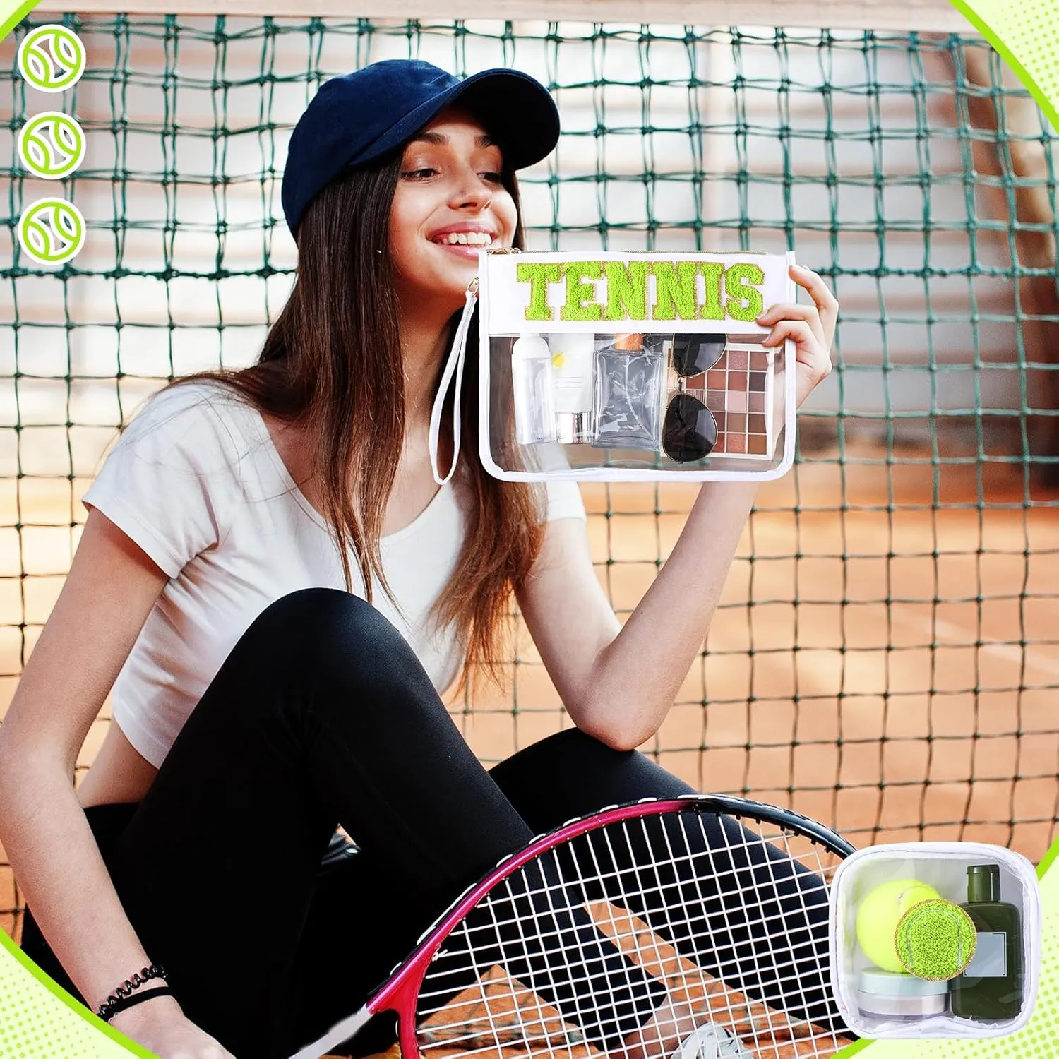 Hillban 2 Pcs Tennis Team Gifts Makeup Cosmetic Bag Clear Zipper Toiletry Pouch for Travel Chenille Letter Flat Purse PVC Waterproof Organizer Storage Case tennis Accessories for Women Sport Coach
