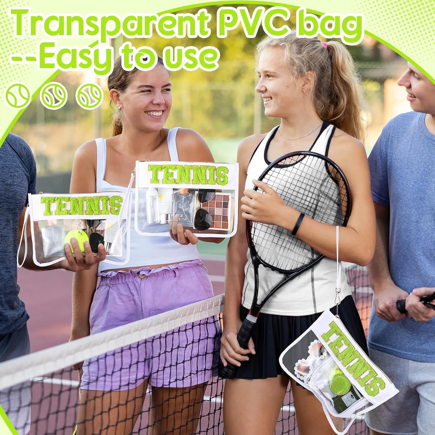 Hillban 2 Pcs Tennis Team Gifts Makeup Cosmetic Bag Clear Zipper Toiletry Pouch for Travel Chenille Letter Flat Purse PVC Waterproof Organizer Storage Case tennis Accessories for Women Sport Coach