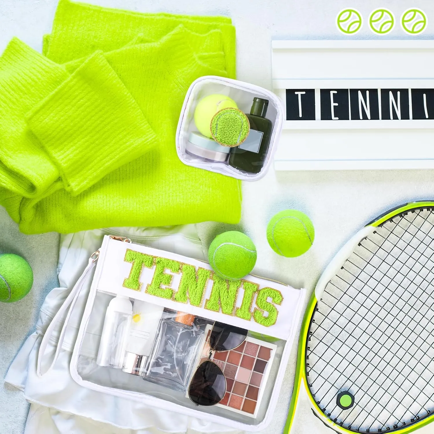 Hillban 2 Pcs Tennis Team Gifts Makeup Cosmetic Bag Clear Zipper Toiletry Pouch for Travel Chenille Letter Flat Purse PVC Waterproof Organizer Storage Case tennis Accessories for Women Sport Coach