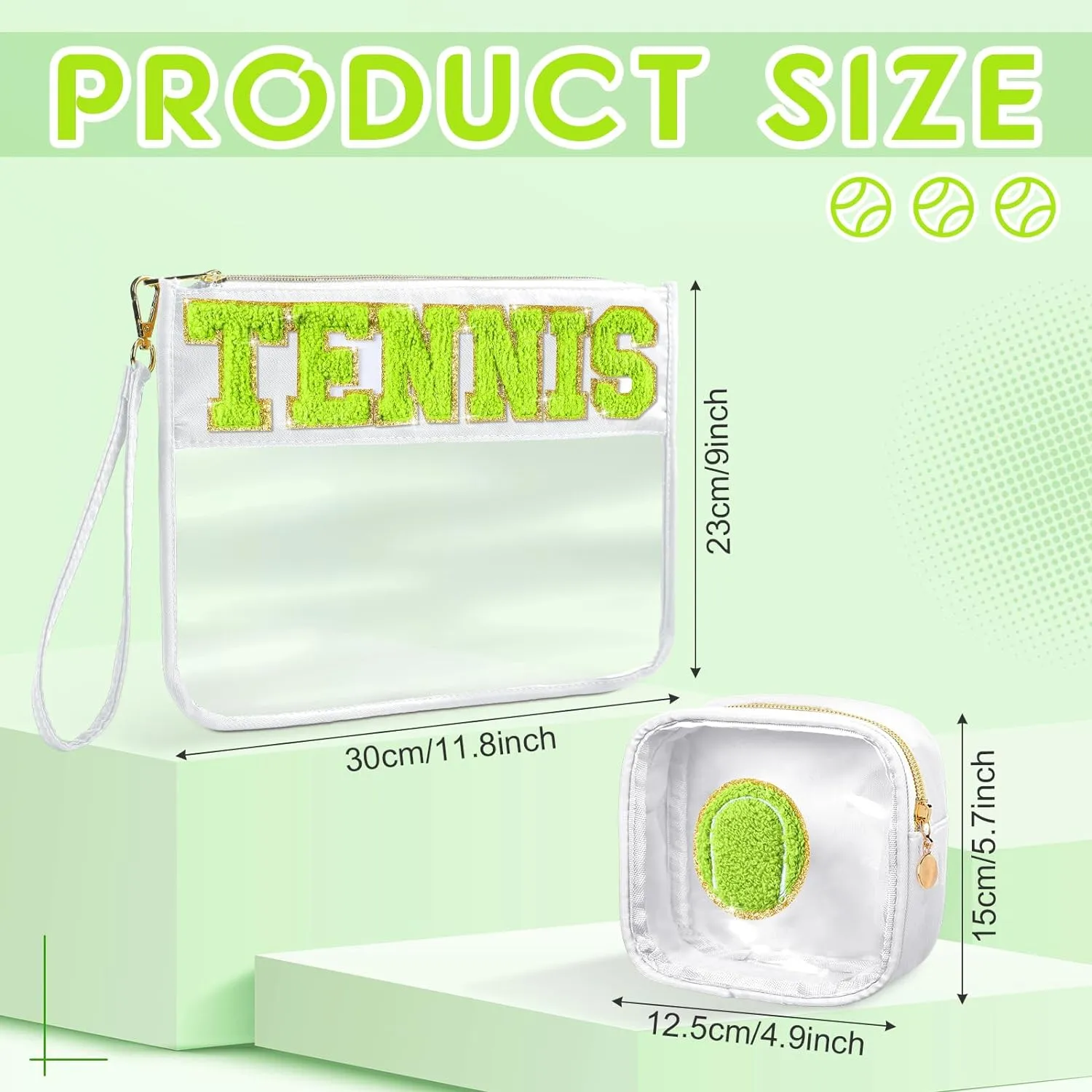 Hillban 2 Pcs Tennis Team Gifts Makeup Cosmetic Bag Clear Zipper Toiletry Pouch for Travel Chenille Letter Flat Purse PVC Waterproof Organizer Storage Case tennis Accessories for Women Sport Coach
