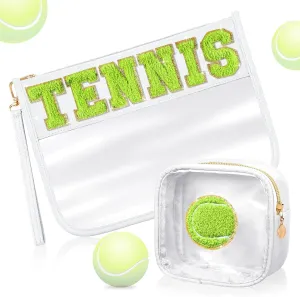 Hillban 2 Pcs Tennis Team Gifts Makeup Cosmetic Bag Clear Zipper Toiletry Pouch for Travel Chenille Letter Flat Purse PVC Waterproof Organizer Storage Case tennis Accessories for Women Sport Coach