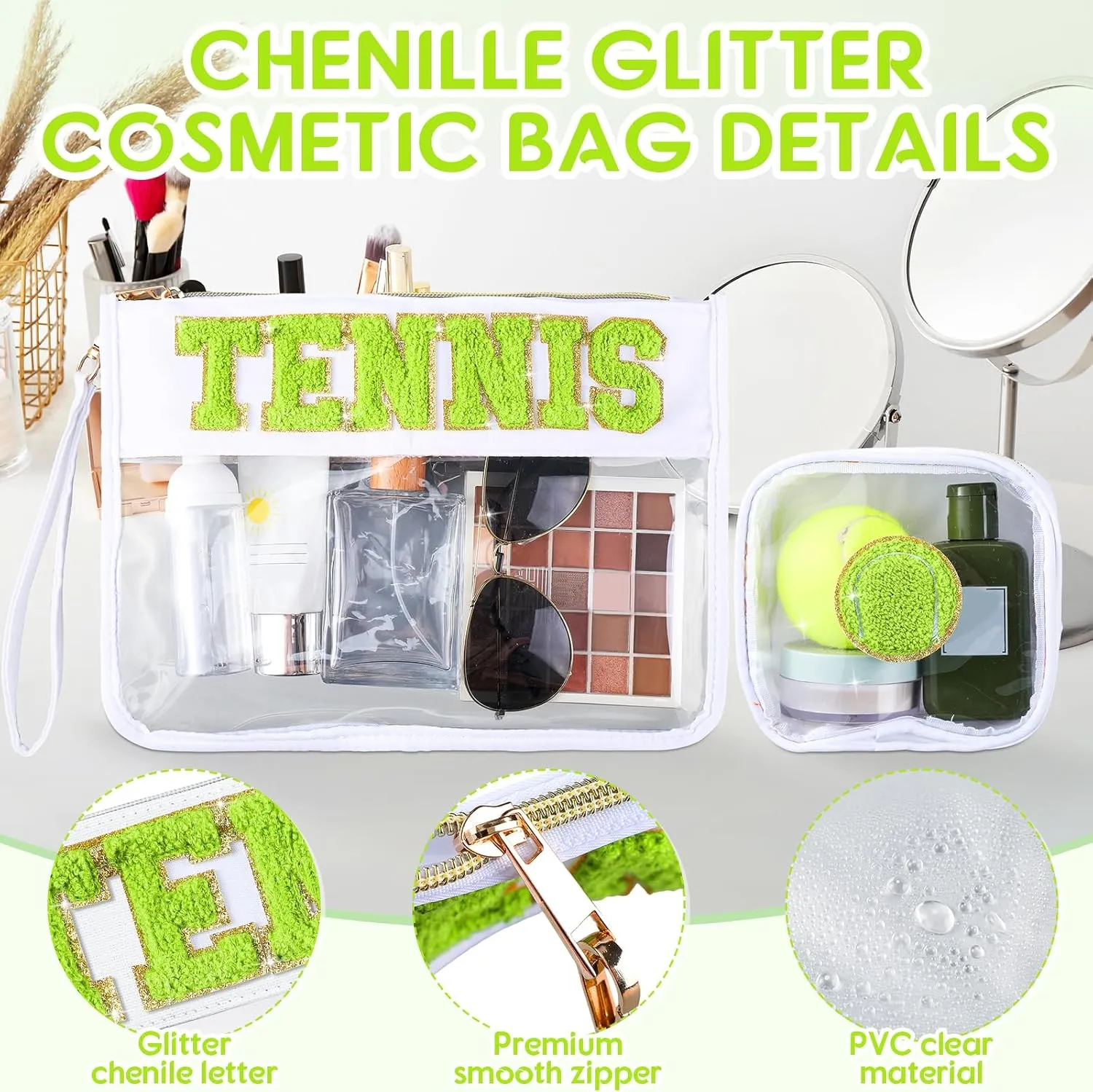 Hillban 2 Pcs Tennis Team Gifts Makeup Cosmetic Bag Clear Zipper Toiletry Pouch for Travel Chenille Letter Flat Purse PVC Waterproof Organizer Storage Case tennis Accessories for Women Sport Coach