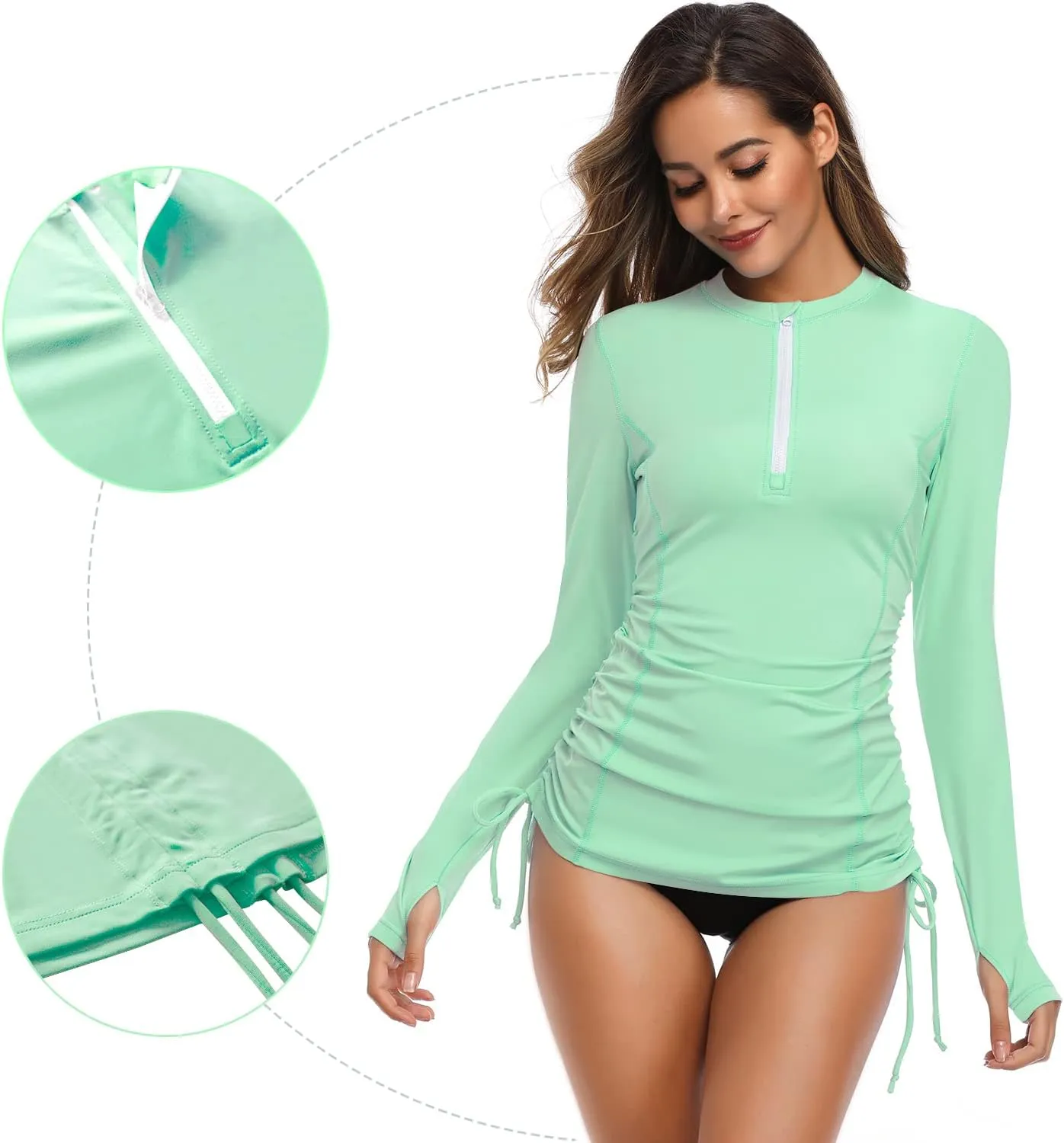 HISKYWIN Women's Long Sleeve UV Sun Protection Rash Guard Side Adjustable Wetsuit Swimsuit Top