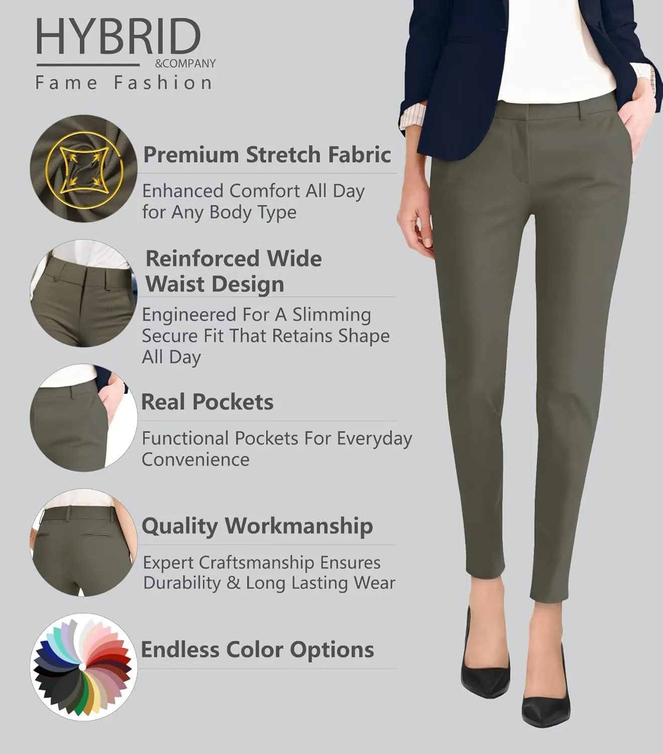 Hybrid & Company Womens Ultra Comfy Stretch Slim Fit Trousers Chino Pants with Pocket