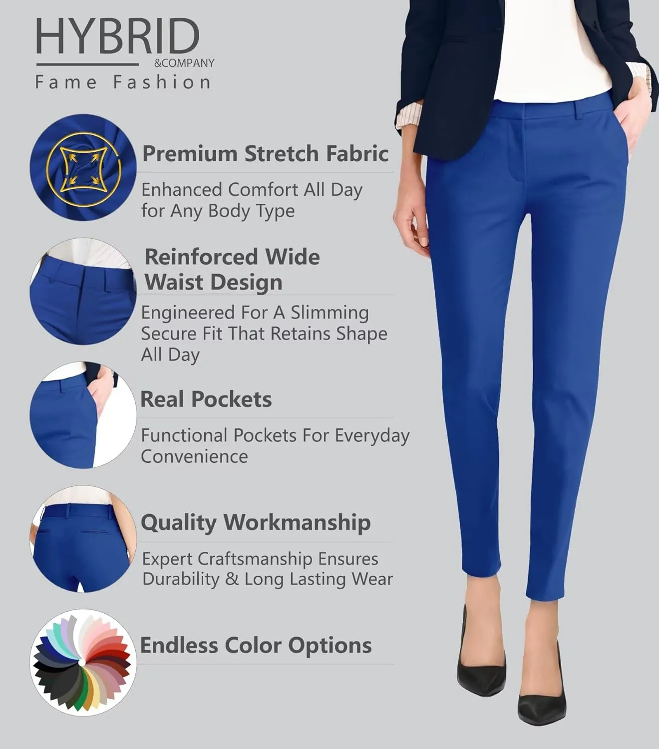 Hybrid & Company Womens Ultra Comfy Stretch Slim Fit Trousers Chino Pants with Pocket