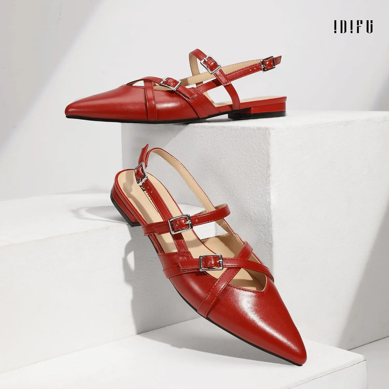 IDIFU Slingback Flats for Women Closed Pointed Toe Strappy Buckle Dress Shoes Wedding Prom Bridal Work Office Casual Formal Ladies Flats Comfortable Fashion Trendy Dressy Crisscross Flat Shoes