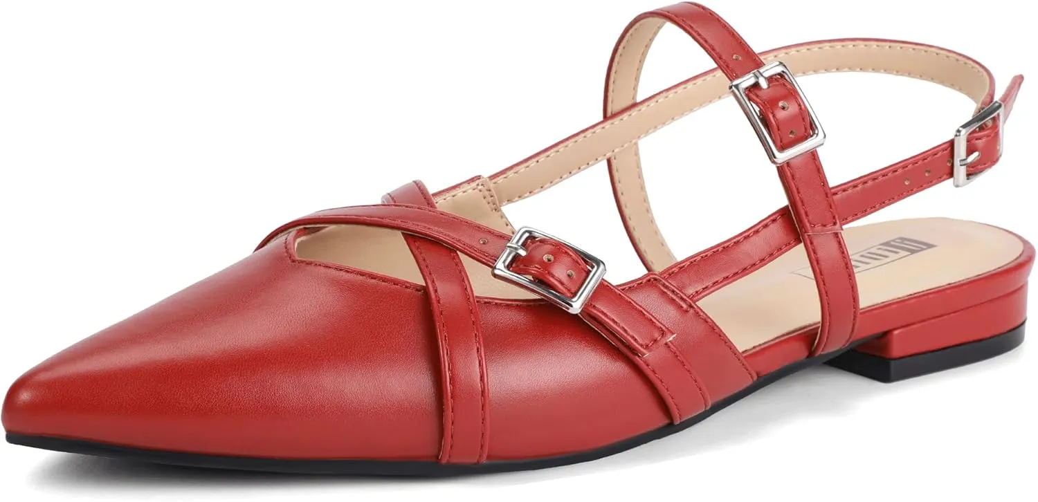 IDIFU Slingback Flats for Women Closed Pointed Toe Strappy Buckle Dress Shoes Wedding Prom Bridal Work Office Casual Formal Ladies Flats Comfortable Fashion Trendy Dressy Crisscross Flat Shoes