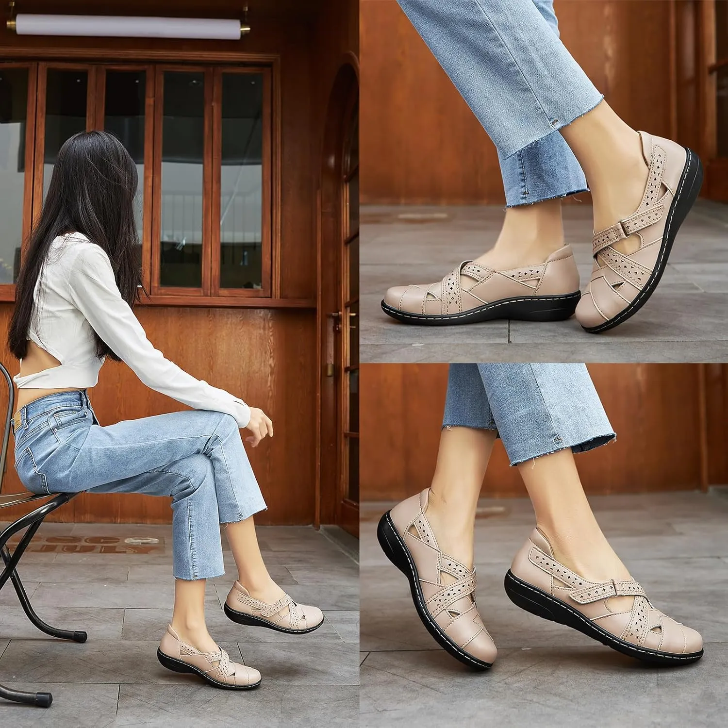 Irrefour Women's Classic Genuine Leather Casual Loafer Cute Slip-On Fashion Closed Toe Flat Sandal Comfy Work Sandal Everyday Walking Shoe