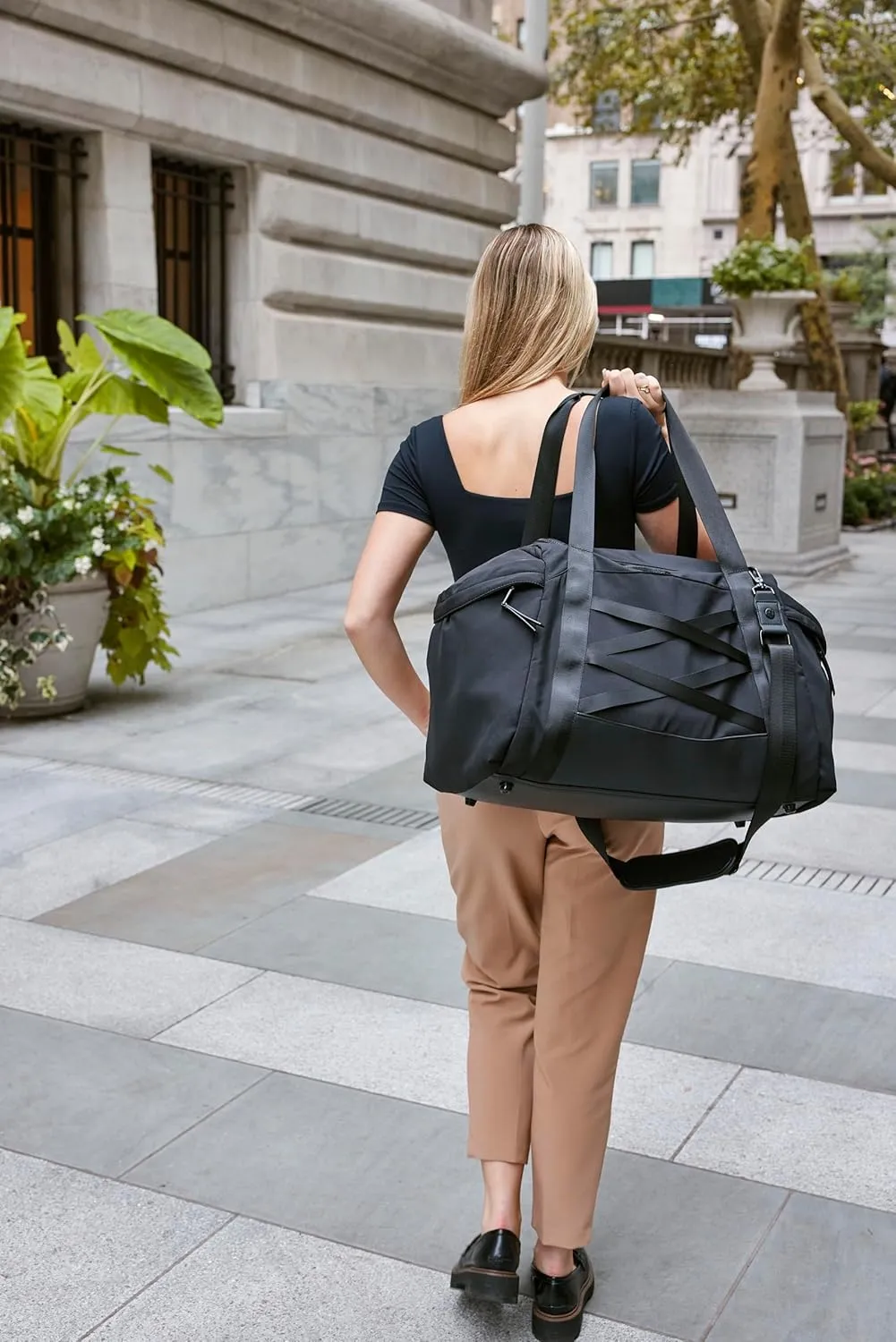 Joan & David 21" Foldable Gym Duffel Bag with Multiple Zippered Compartments, Nylon Webbing Criss-cross Design, Detachable Pouch, Including TSA Approved Bottles (Black)