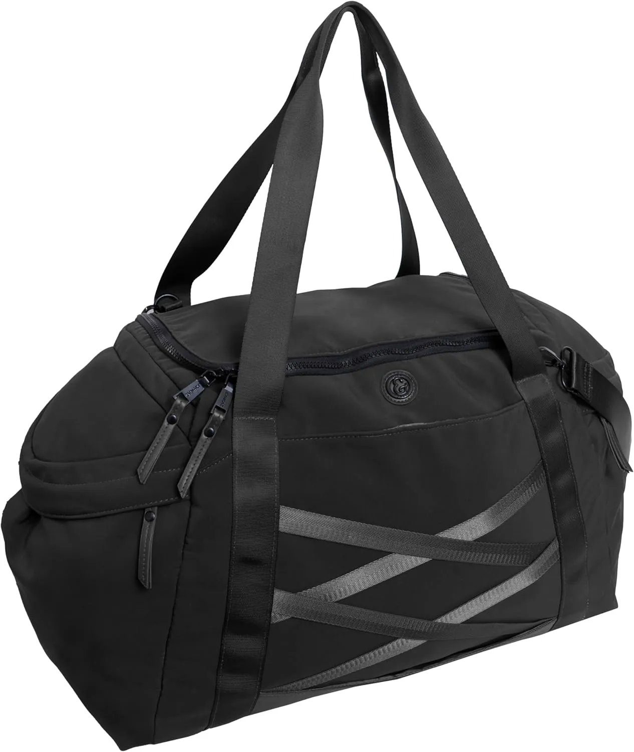 Joan & David 21" Foldable Gym Duffel Bag with Multiple Zippered Compartments, Nylon Webbing Criss-cross Design, Detachable Pouch, Including TSA Approved Bottles (Black)