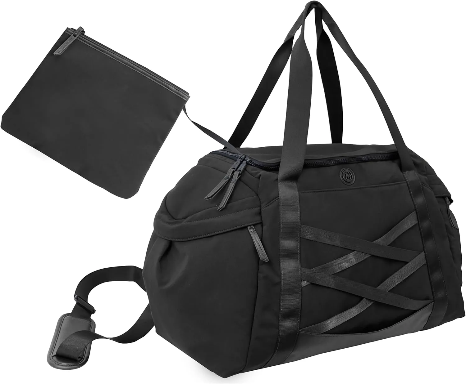 Joan & David 21" Foldable Gym Duffel Bag with Multiple Zippered Compartments, Nylon Webbing Criss-cross Design, Detachable Pouch, Including TSA Approved Bottles (Black)