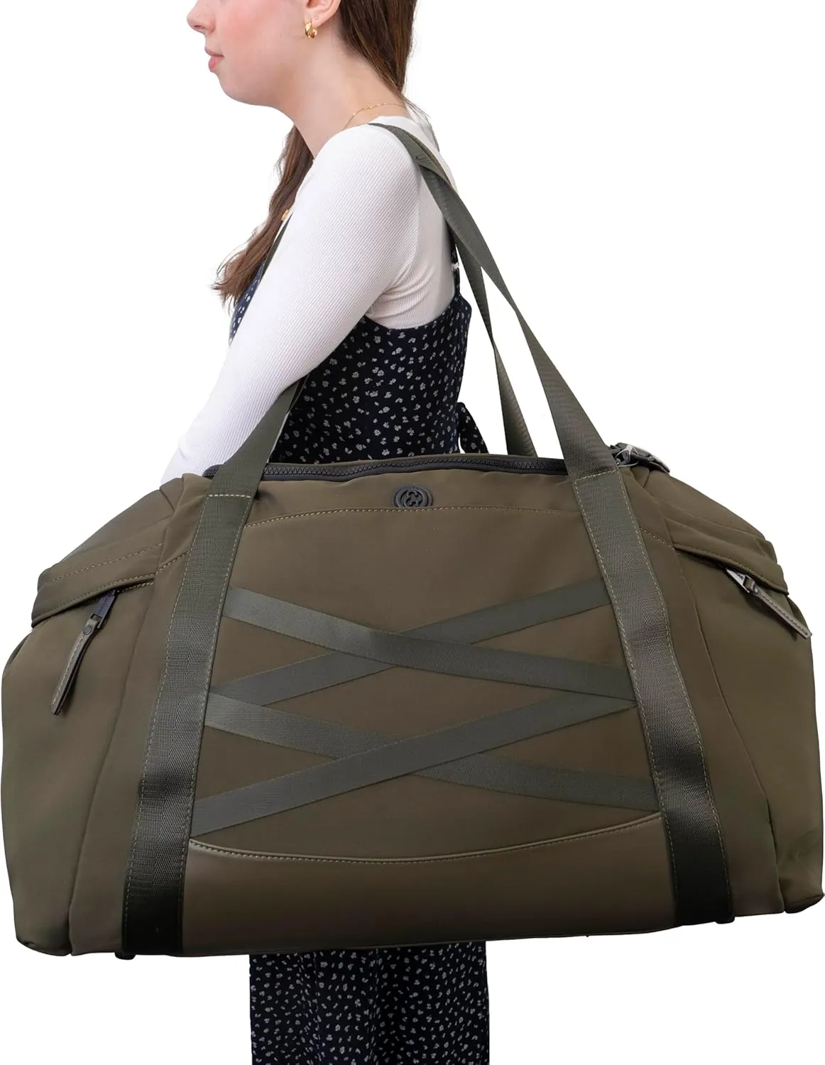 Joan & David 21" Foldable Gym Duffel Bag with Multiple Zippered Compartments, Nylon Webbing Criss-cross Design, Detachable Pouch, Including TSA Approved Bottles (Olive)