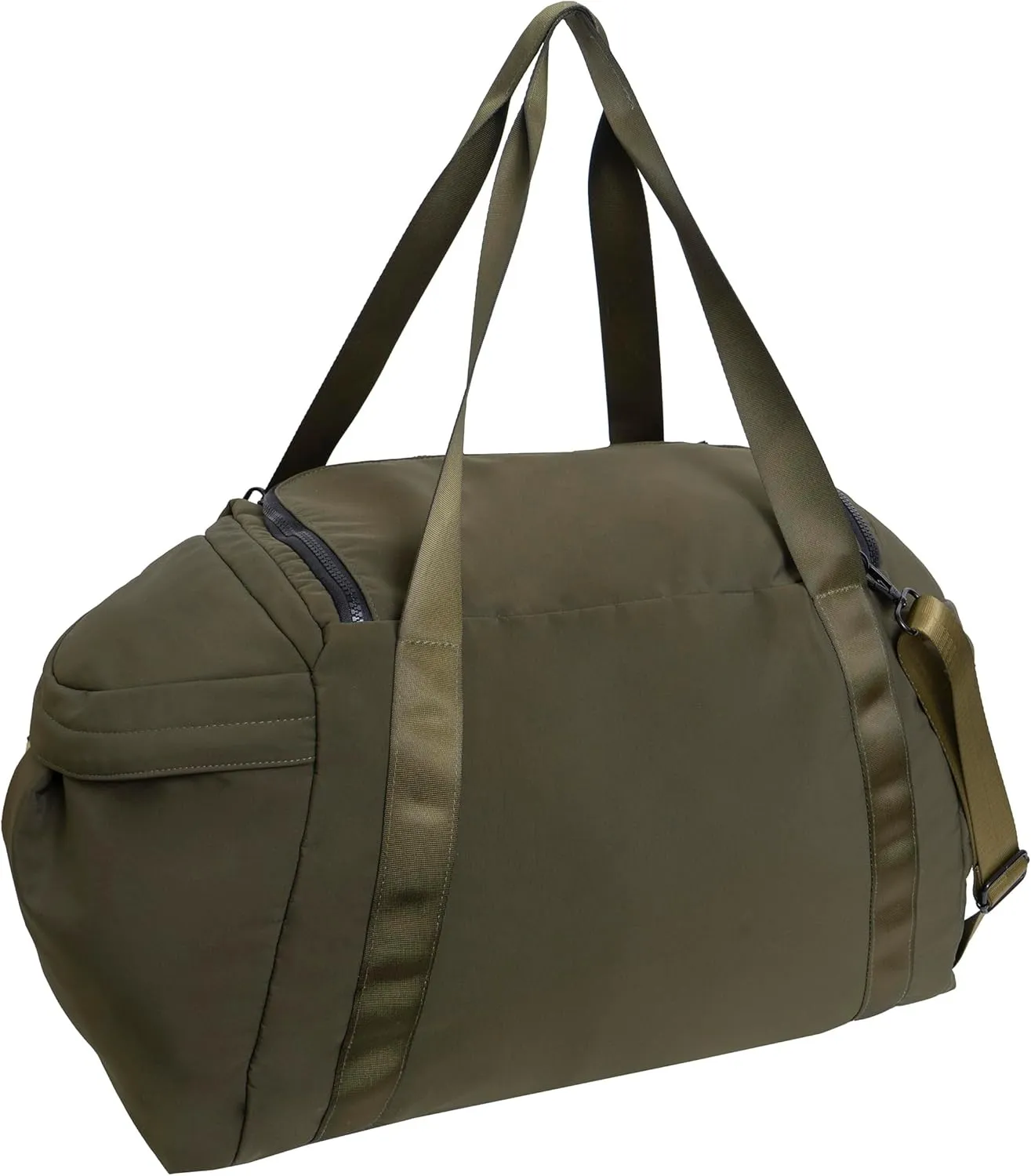 Joan & David 21" Foldable Gym Duffel Bag with Multiple Zippered Compartments, Nylon Webbing Criss-cross Design, Detachable Pouch, Including TSA Approved Bottles (Olive)