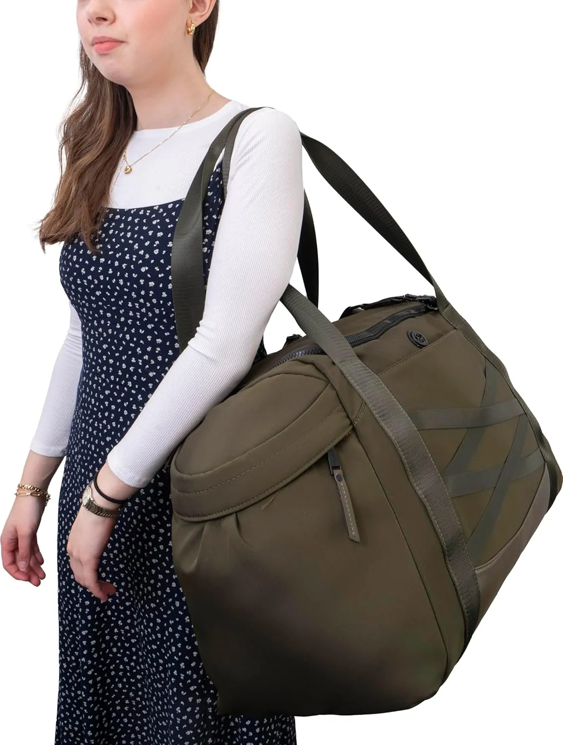 Joan & David 21" Foldable Gym Duffel Bag with Multiple Zippered Compartments, Nylon Webbing Criss-cross Design, Detachable Pouch, Including TSA Approved Bottles (Olive)