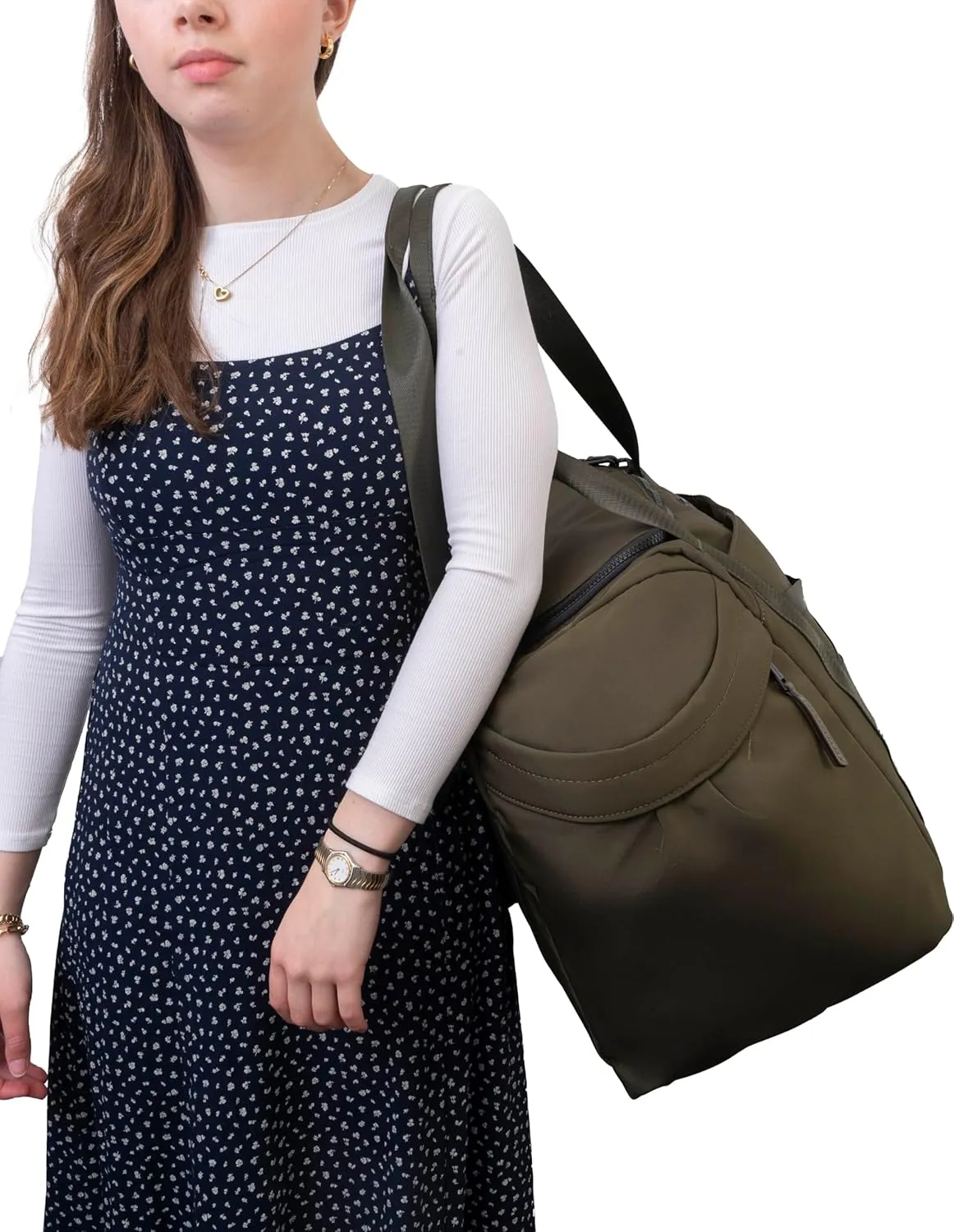 Joan & David 21" Foldable Gym Duffel Bag with Multiple Zippered Compartments, Nylon Webbing Criss-cross Design, Detachable Pouch, Including TSA Approved Bottles (Olive)